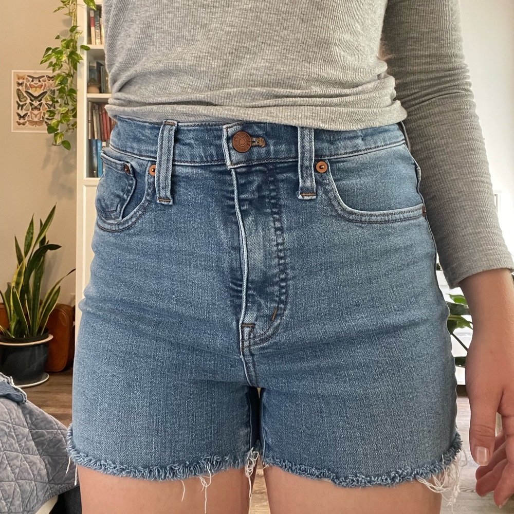 madewell high rise light blue jean shorts